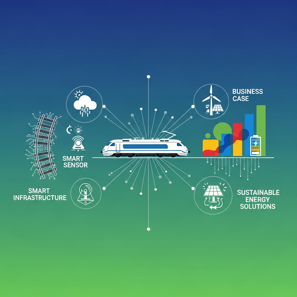 A modern infographic displaying various innovative railway technologies like electric locomotives, smart infrastructure, and sustainable energy solutions. Emphasize the business case aspect with a clean, professional design and vibrant colors on a gradient background. No text.