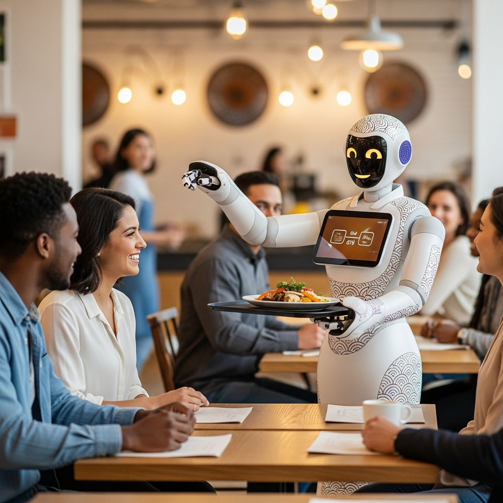 A humanoid robot serving food in a modern, bustling cafe or restaurant setting, demonstrating seamless interaction with customers. The robot has a friendly, approachable design with Korean features. Style: lifestyle photography, bright, balanced lighting, natural setting. Textured background with soft, warm colors.