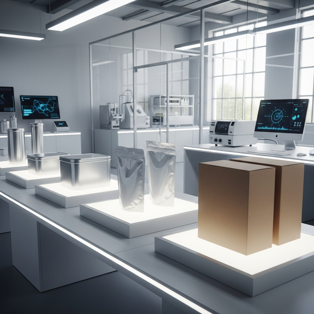 A futuristic comparison scene showing different packaging materials - aluminum, biodegradable plastics, and recycled materials - arranged in a modern laboratory or research facility setting. Clean, scientific atmosphere with natural lighting. No text.