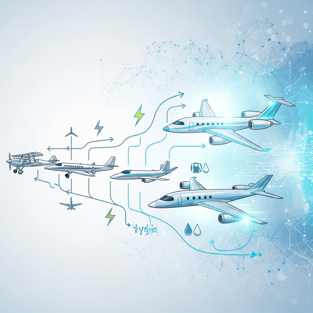 A modern infographic illustrating the evolution of aviation, from traditional planes to electric and hybrid aircraft. Show clean lines, progress arrows, subtle energy symbols, and a bright, technological background. No text.