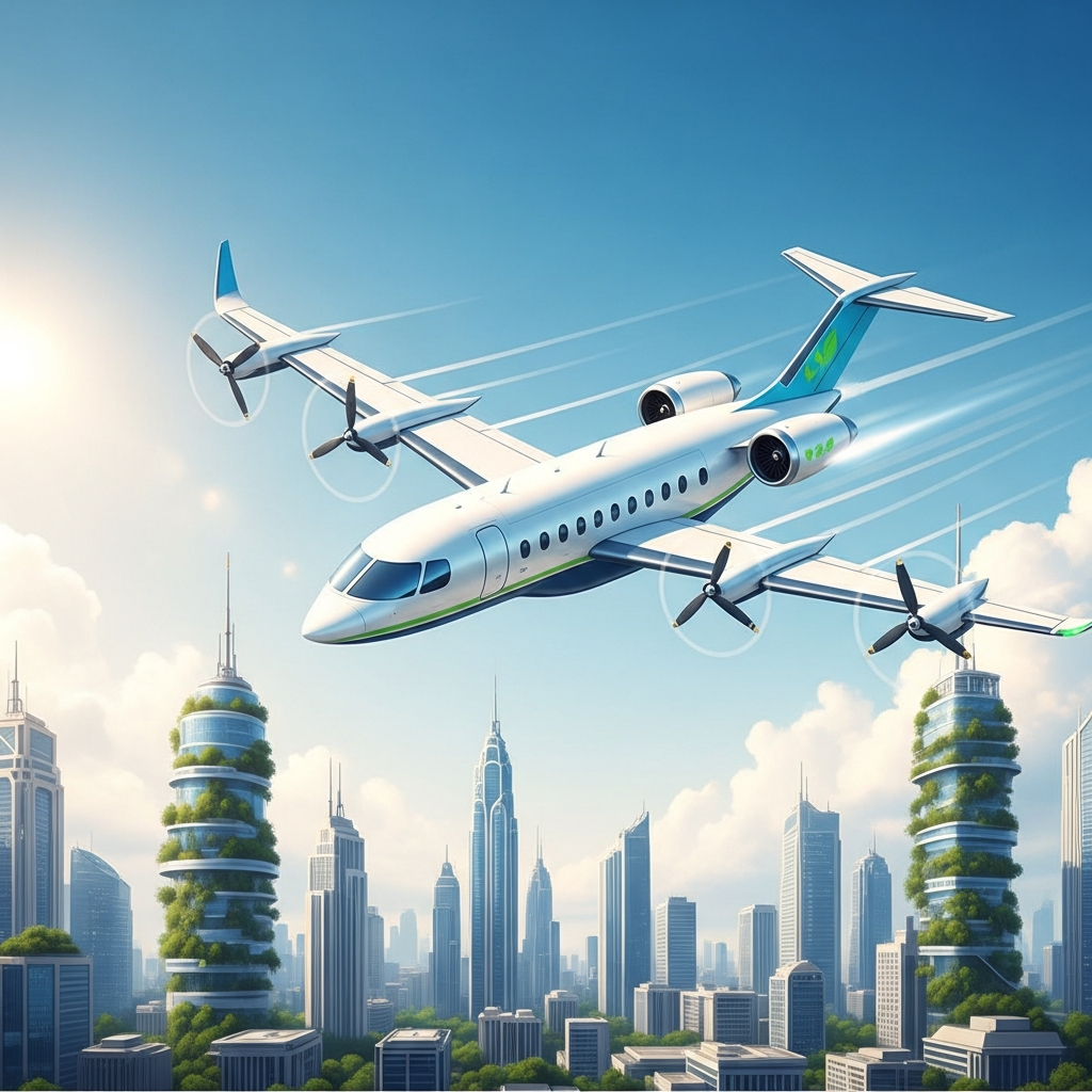 A sleek, modern hybrid aircraft soaring through a bright, clear sky. The design should subtly hint at both electric and fuel-powered components. Emphasize innovation and sustainability. The background is a futuristic cityscape with lush greenery. No visible text. Style: clean infographic, modern layout, high contrast.