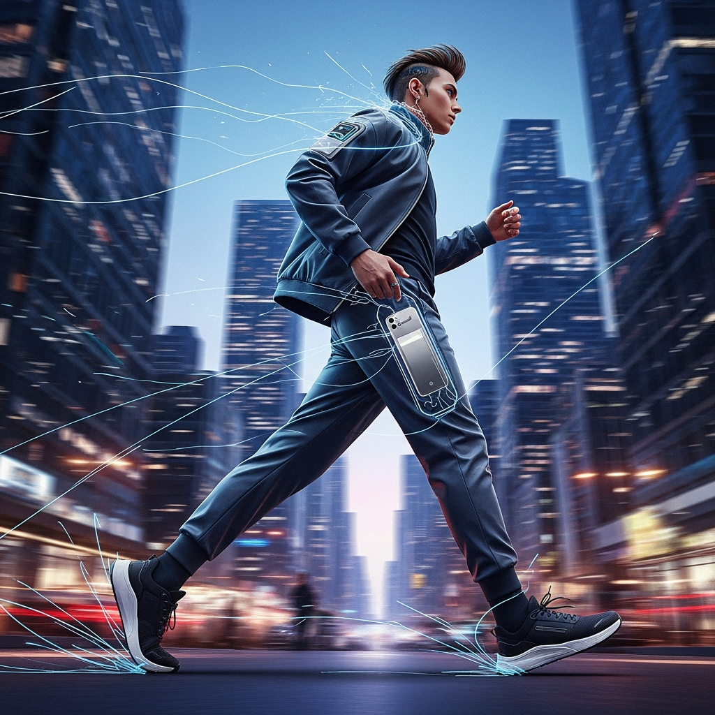 A futuristic illustration of a person confidently walking in an urban setting, subtly wearing an iPhone Pocket. The design emphasizes seamless integration of technology and fashion. Dynamic lines and a sophisticated color palette, with a blurred city background. No text.