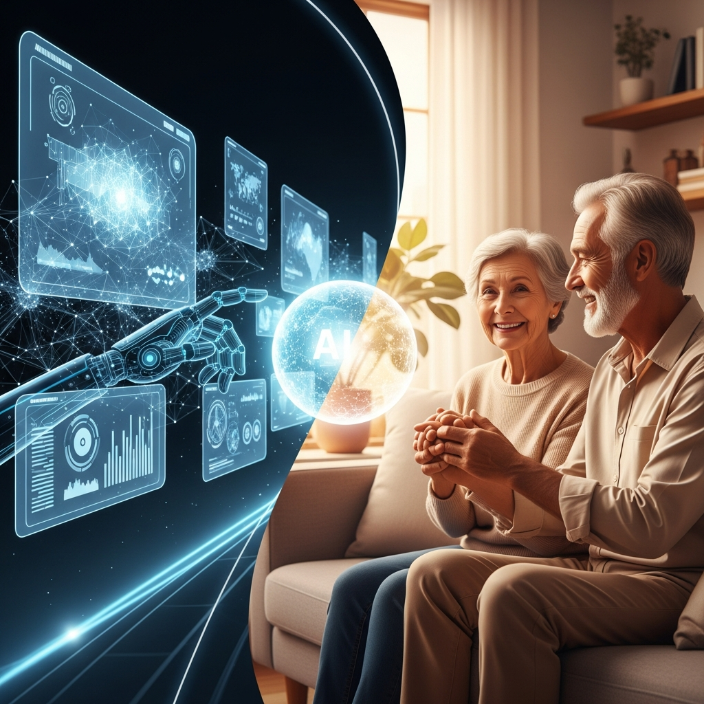 Futuristic scene showing balance between AI technology and human relationships. Split composition with digital elements on one side and warm human interactions on the other. Soft lighting, modern aesthetic, hopeful atmosphere, no text.