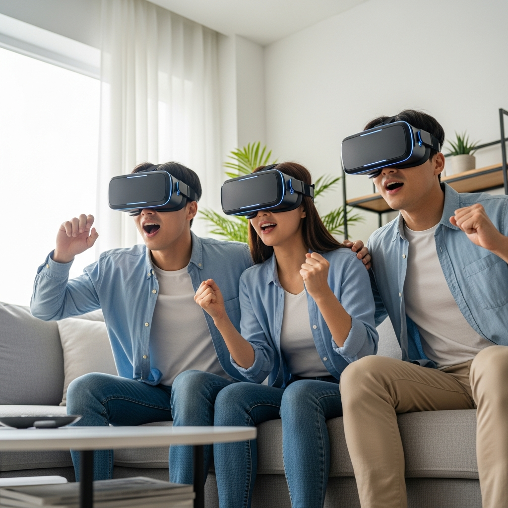 Lifestyle photography of several Korean people enthusiastically watching a sports game in a virtual reality setting, wearing sleek VR headsets. They are sitting on a sofa in a modern living room, with natural lighting. No visible text.