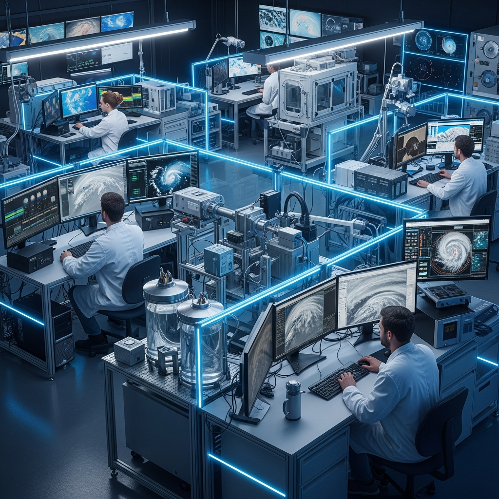Advanced weather research facility with scientists working on cloud seeding technology, modern laboratory equipment, computer screens showing weather data, futuristic scientific environment, bright professional lighting, no text