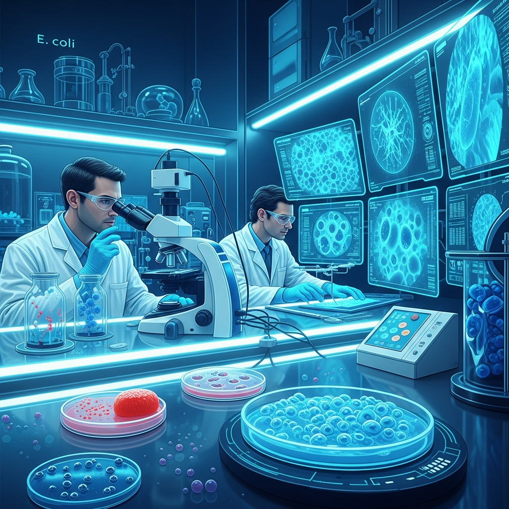 Scientists in a futuristic biotech lab comparing cultures of E. coli and Vibrio natriegens under microscopes and on digital displays. The lab is clean, high-tech, with glowing equipment. Style: scientific illustration, modern and precise, high contrast, gradient background, no text.