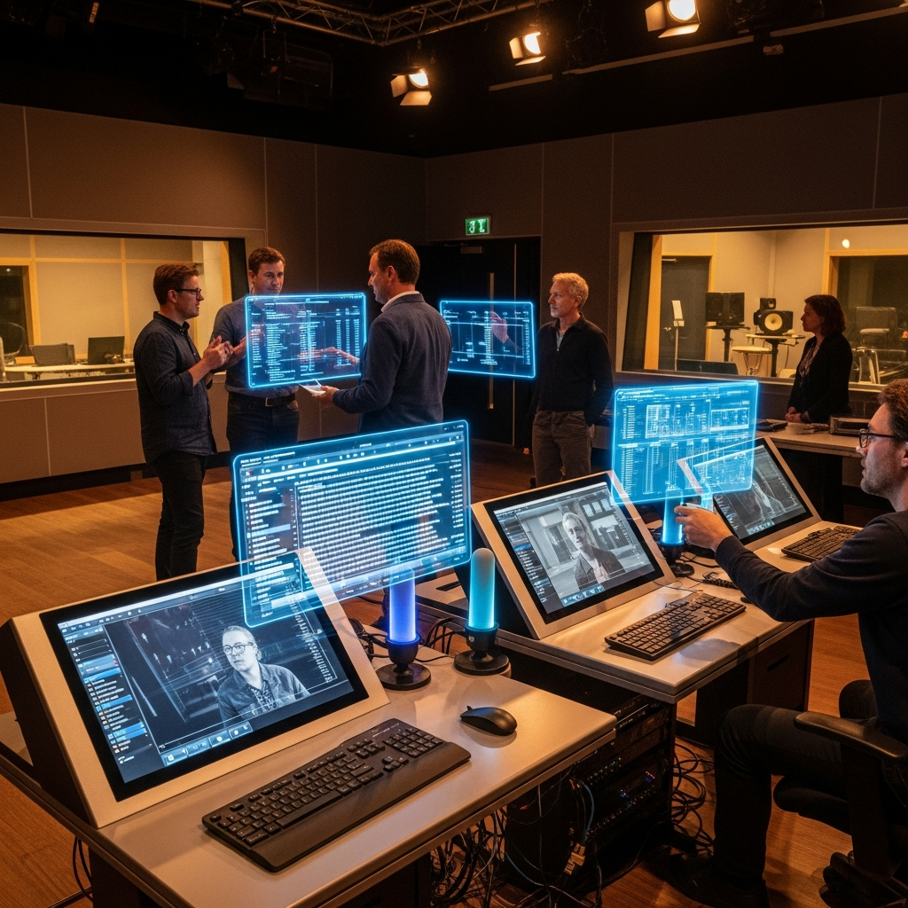 A modern film production studio with AI dubbing technology, showing directors and actors working with advanced holographic displays and voice synthesis equipment. Sleek, professional environment with warm lighting. No text.