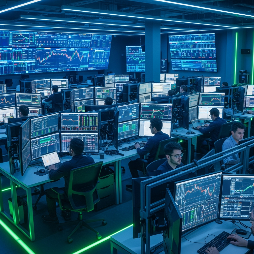 Modern cryptocurrency exchange trading floor with multiple screens showing charts and data, professional traders working, high-tech environment with blue and green lighting, no text.