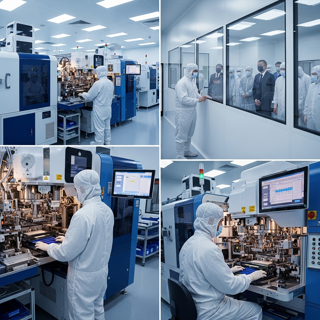 Modern semiconductor manufacturing facility with workers in clean suits operating advanced machinery, showing normal production continues despite government oversight, industrial photography with clean lighting, no text