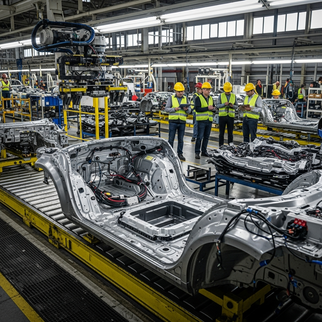 A car manufacturing plant with some assembly lines partially halted due to semiconductor chip shortages. Focus on industrial setting, showing machinery and workers, with a subtle sense of disruption. Style: industrial photography, natural setting. No text.