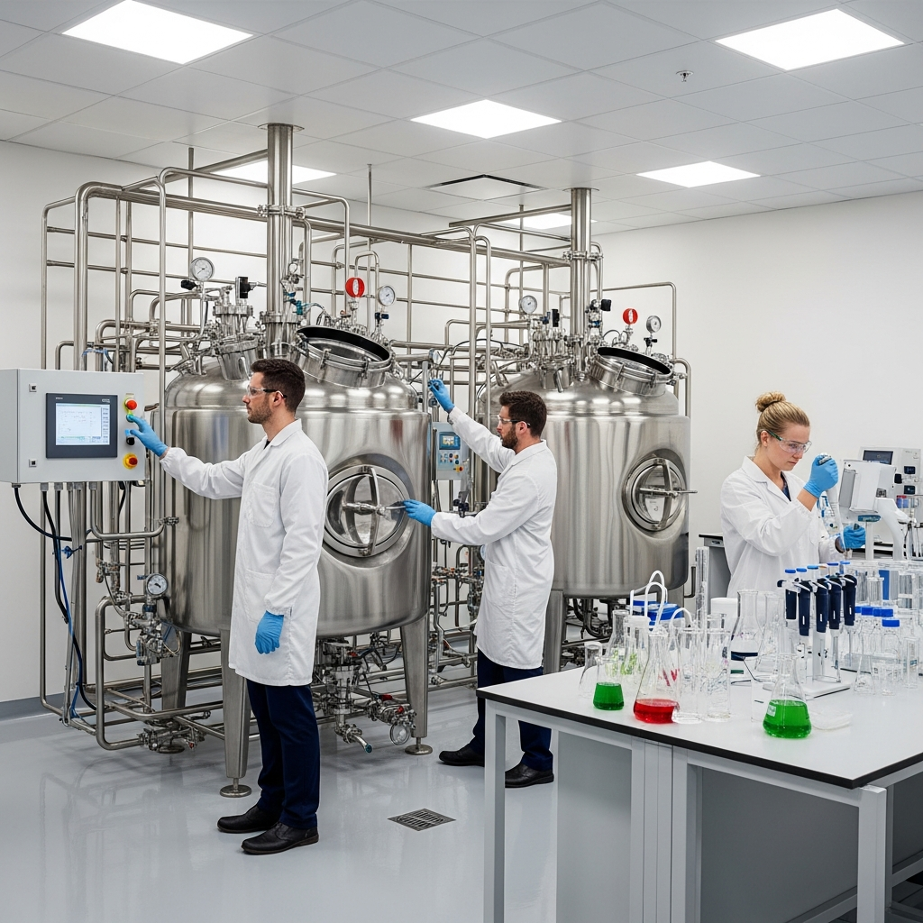 Modern biotechnology laboratory with stainless steel fermentation tanks, scientists in lab coats working with precision equipment, clean industrial environment, bright lighting, no text.