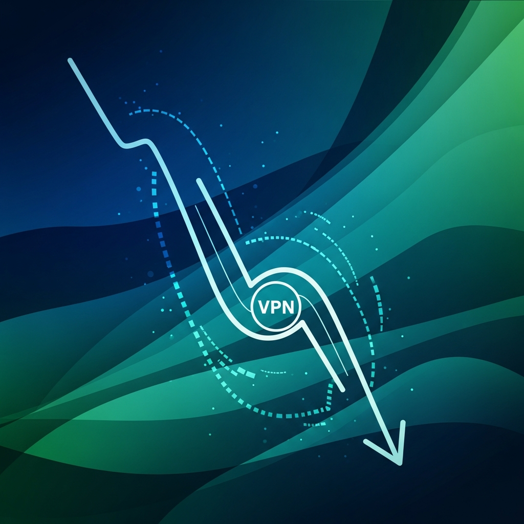 A visually rich illustration depicting a downward trend line, subtly influenced by a hidden VPN icon. The background is a dynamic blend of deep blues and greens, creating a sense of digital movement. Style: modern infographic, high contrast. No text.