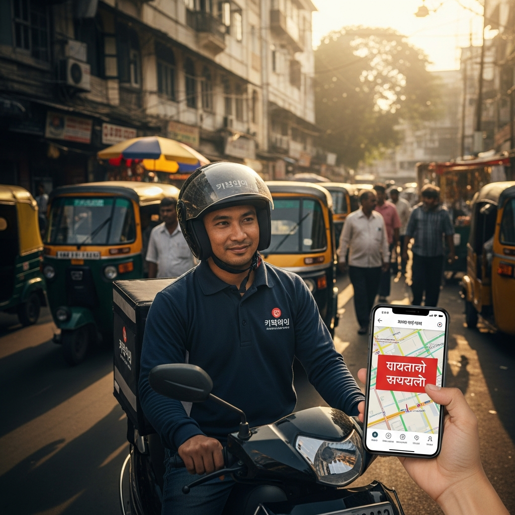 A Korean delivery driver on a scooter in a bustling Mumbai street, looking at a smartphone with a clear instruction in Marathi. The scene conveys ease and efficiency, with natural lighting and a dynamic street background. Lifestyle photography, no text.