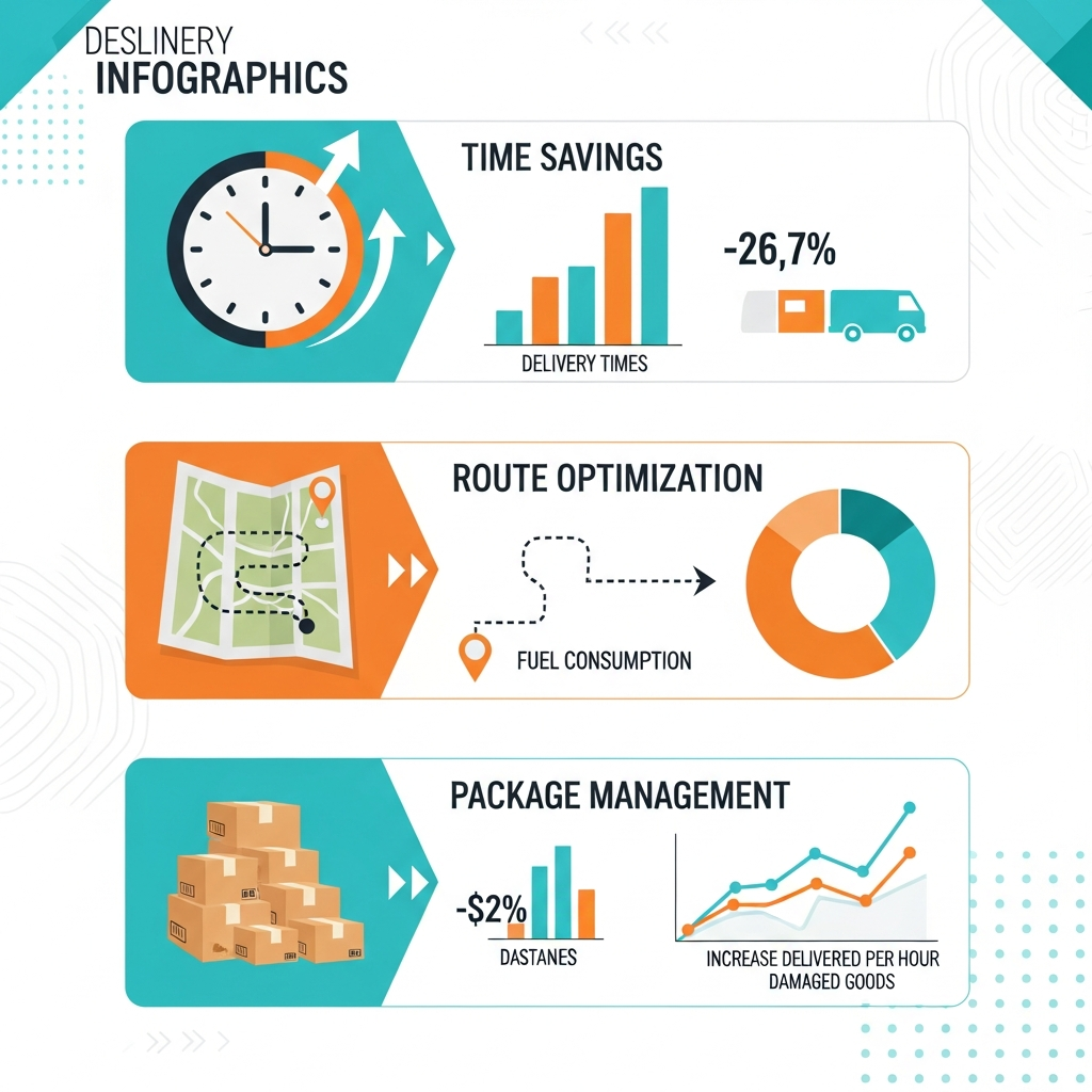 Clean infographic showing delivery efficiency improvements with icons of packages, time savings, and route optimization. Modern design with charts and statistics, bright colors, no text in image. Professional business illustration style.