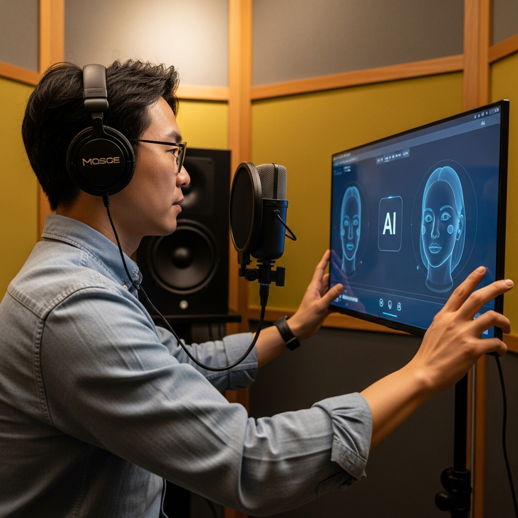 A professional voice actor in a sound booth, recording lines while looking at a screen displaying an AI-generated interface. The interface shows subtle facial movements being synchronized to the voice. The atmosphere is collaborative and high-tech. Style: lifestyle photography, warm lighting, natural setting, colored background, no text, bright lighting, Korean appearance.