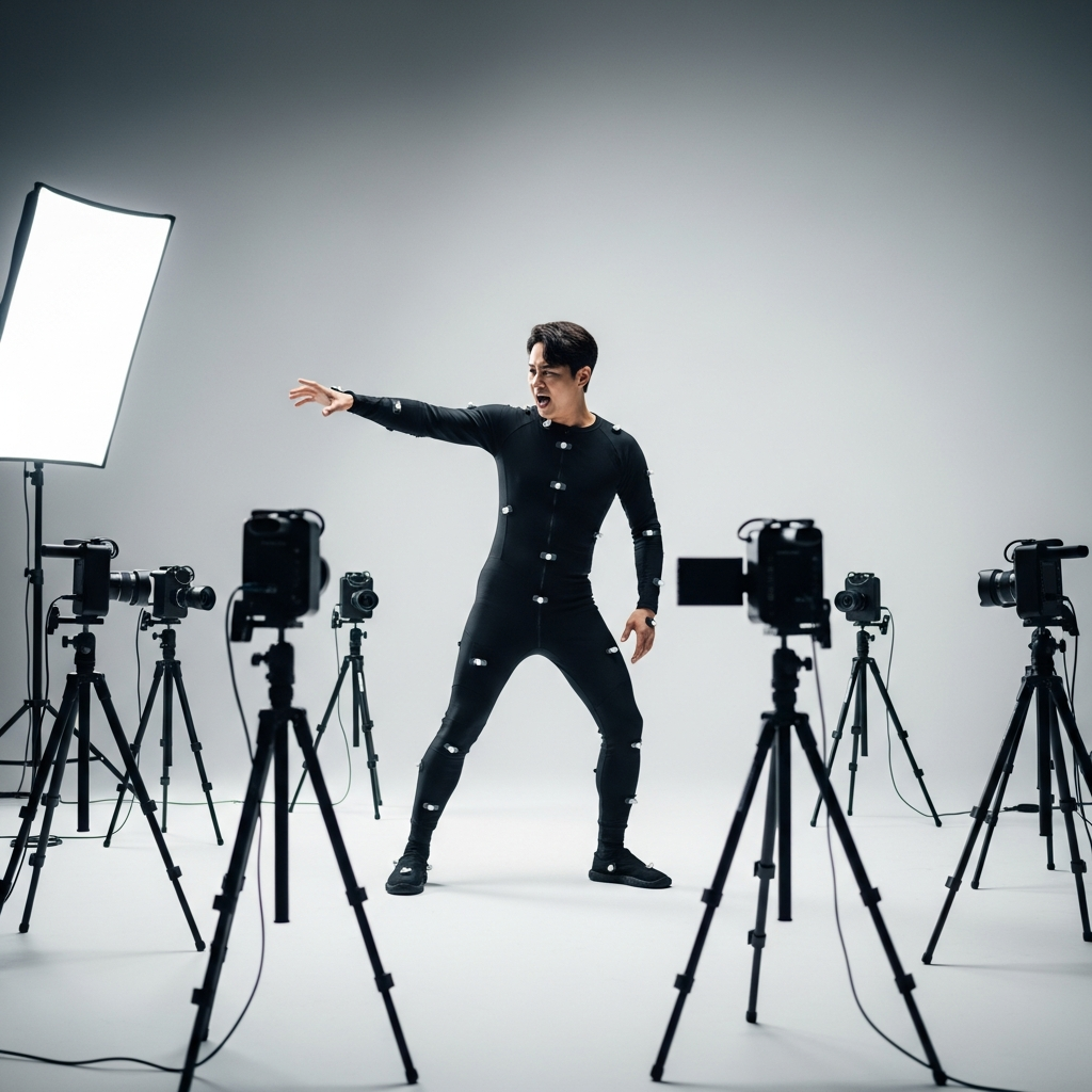 A Korean actor wearing a motion capture suit with small white markers, performing a dramatic scene in a minimalist studio setting. Multiple motion capture cameras surround the actor, capturing every subtle movement and facial expression. Dynamic lighting, lifestyle photography, no text.