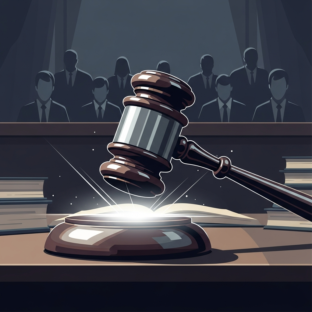 A stylized illustration of a gavel hitting a sound block with a subtle glow, symbolizing a legal verdict. In the background, blurred outlines of a jury and legal documents. Modern, professional style, high contrast, no text.