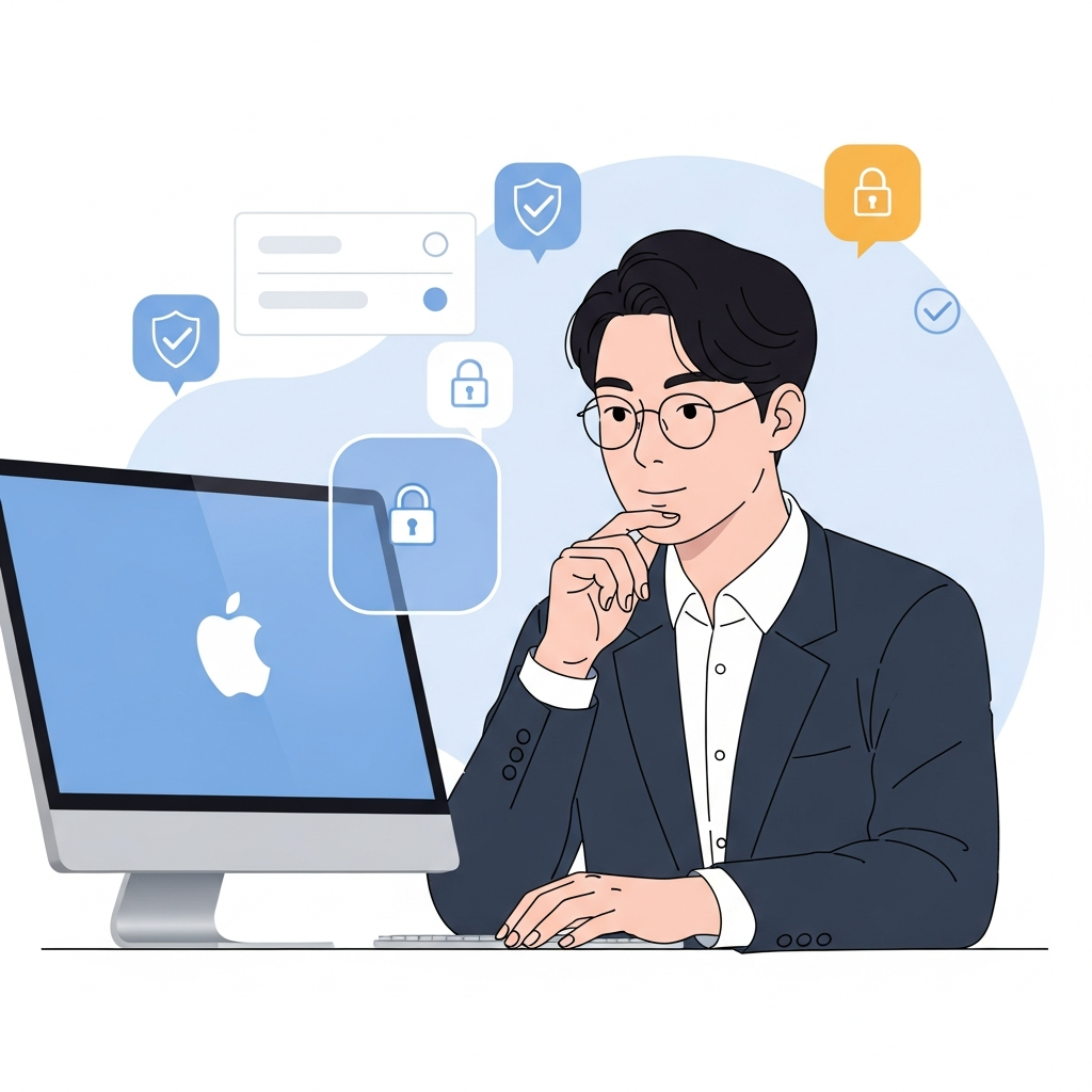 A Korean person with a serious but calm expression, meticulously reviewing security settings on a desktop computer with an Apple logo on the screen. There are various secure digital lock icons and verification symbols subtly integrated into the UI design. Style: clean infographic, modern layout, high contrast. No text.