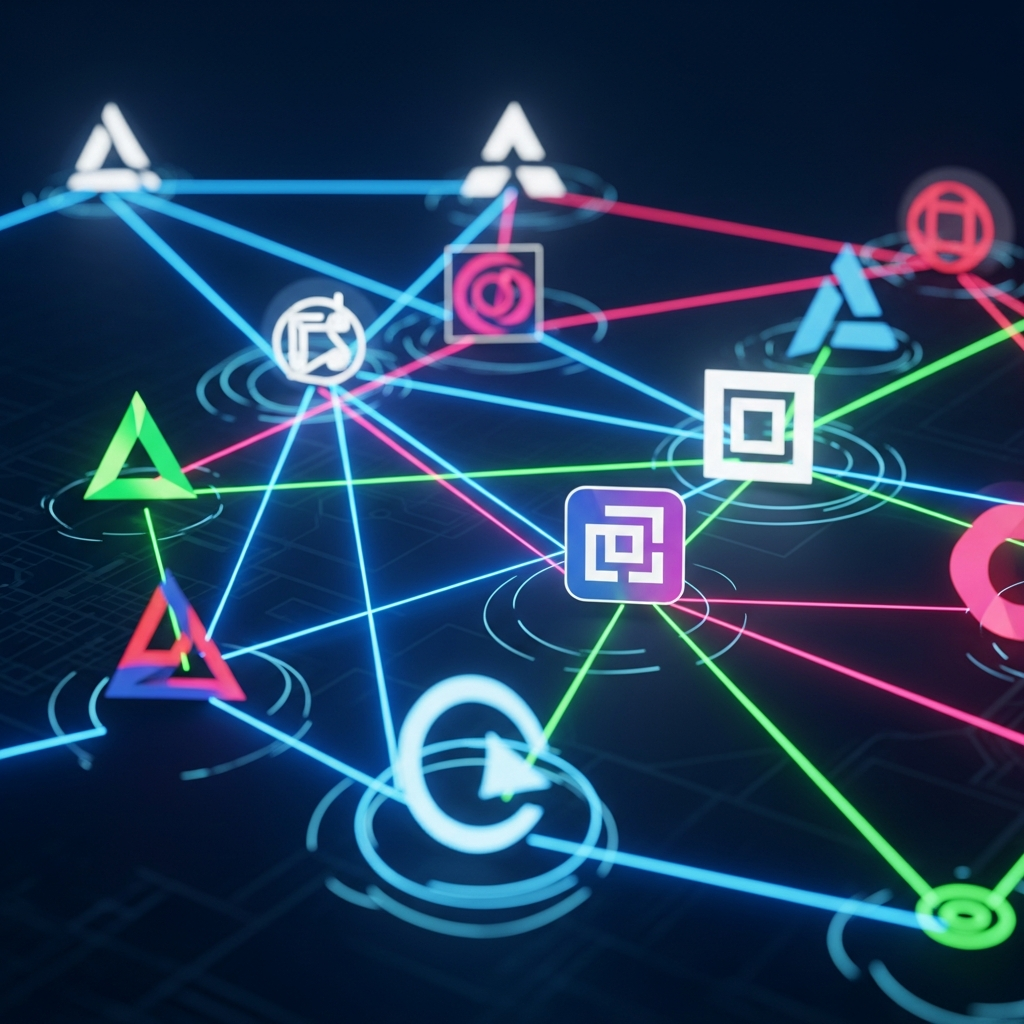 Complex network diagram showing interconnected tech companies with glowing connection lines, corporate logos represented as abstract geometric shapes, dark blue background with bright neon connections, futuristic data visualization style, no text