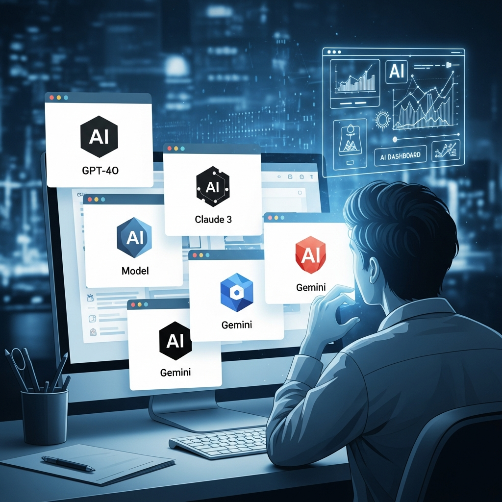 A person with a confused expression, sitting at a desk with a computer displaying multiple browser tabs open, each tab showing a different AI model logo like GPT-4o, Claude 3, Gemini. The background is a digital chaos, but a bright, clean, unified AI dashboard illustration starts to glow in the corner of the screen, suggesting a solution. Style: clean infographic, modern layout, high contrast. No visible text.