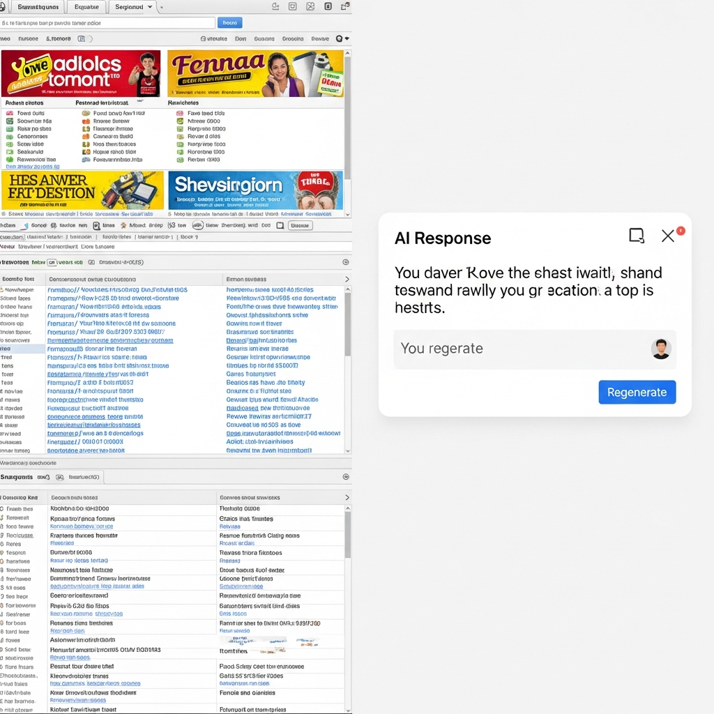 Side-by-side comparison of cluttered search results page versus clean AI response interface, organized information flow, modern UI design, contrasting complexity levels, no text