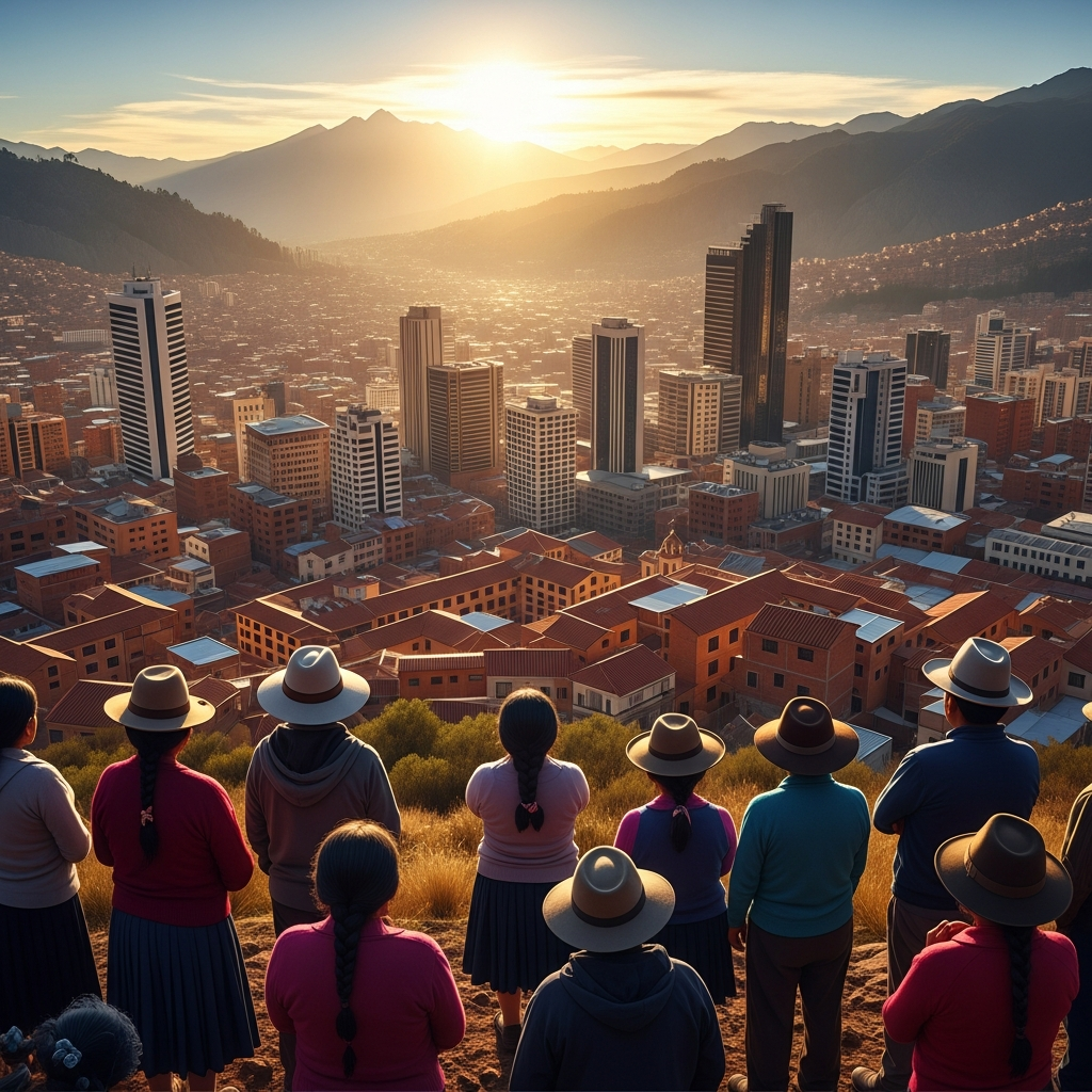 Hopeful scene of Bolivian people looking towards a brighter future, sunrise over La Paz cityscape, symbolic representation of economic recovery, warm lighting, optimistic atmosphere, no text