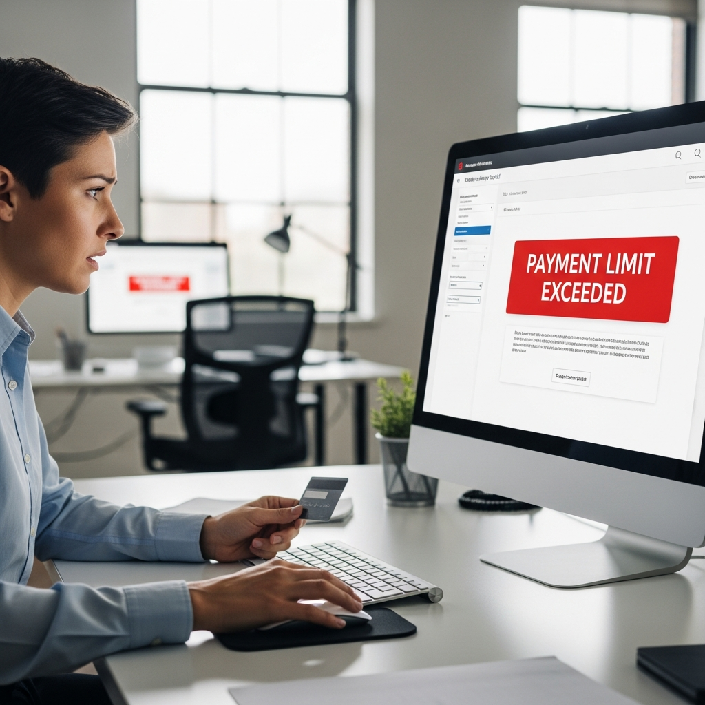 Person looking frustrated while trying to use credit card for online purchase, computer screen showing payment limit error, modern office setting, concerned expression, realistic photography, no text