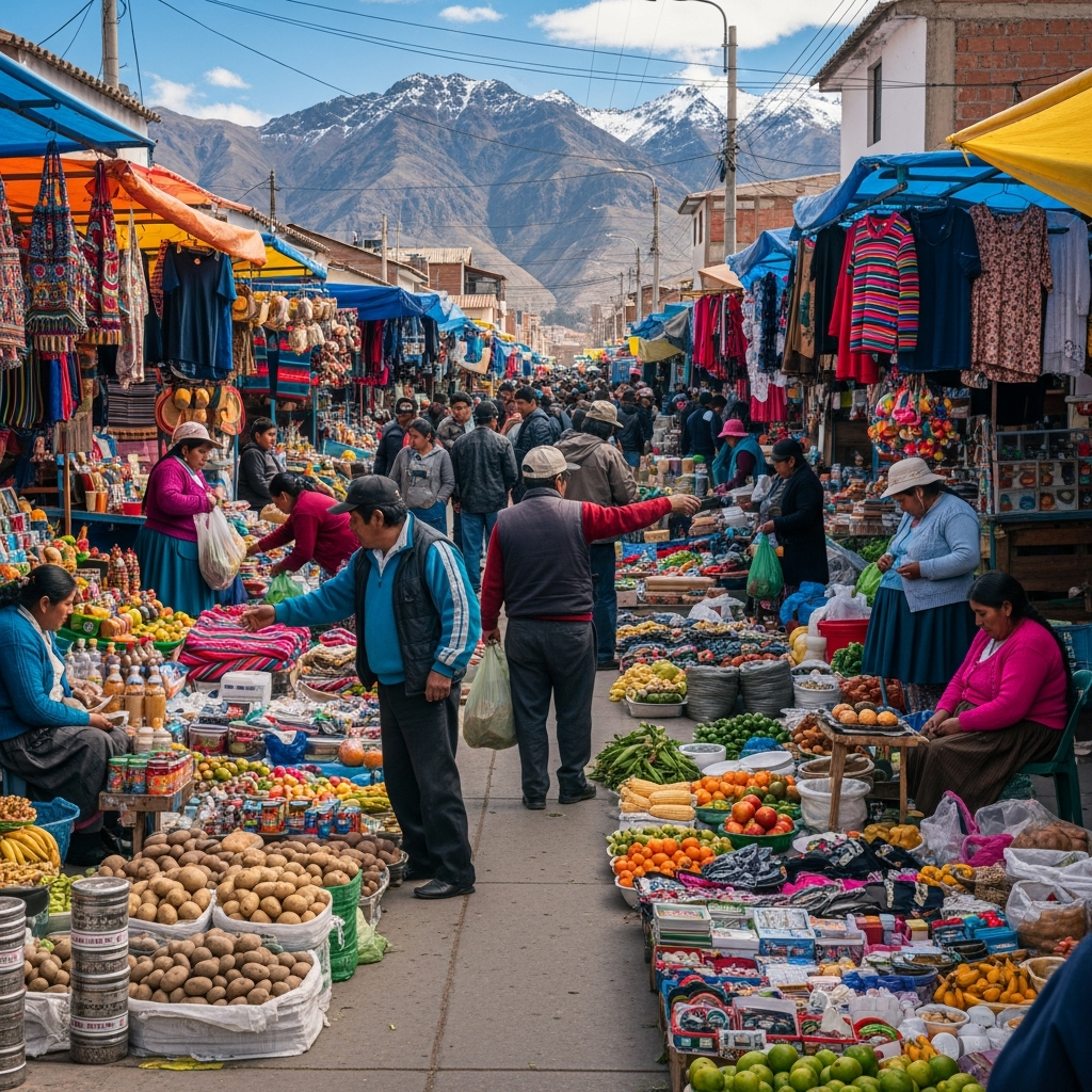 Bustling street market scene in El Alto, Bolivia with vendors selling goods, narrow streets filled with people, mountainous backdrop at high altitude, vibrant local atmosphere, natural daylight, lifestyle photography, no text