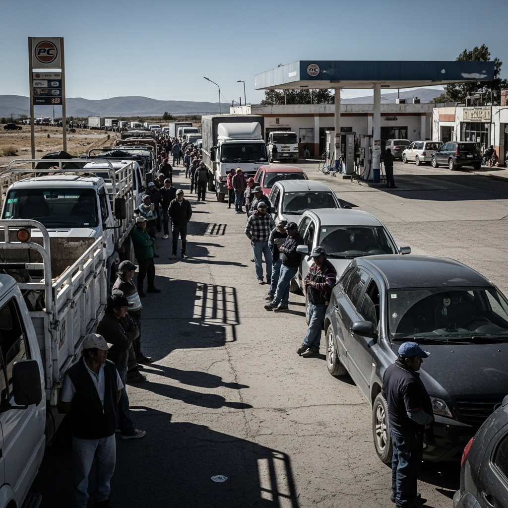 Long queue of trucks and cars waiting at a gas station in Bolivia, drivers waiting patiently, fuel shortage scenario, realistic documentary style, daytime lighting, no text