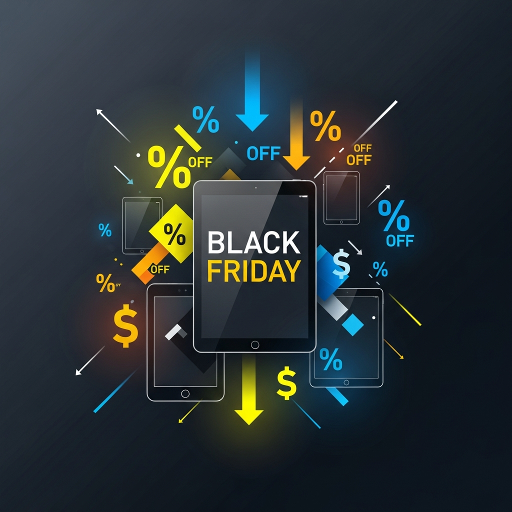 A dynamic visual representing Black Friday shopping, with various iPad models subtly visible, surrounded by glowing discount symbols. Style: clean infographic, modern layout, high contrast, colored background, no text.