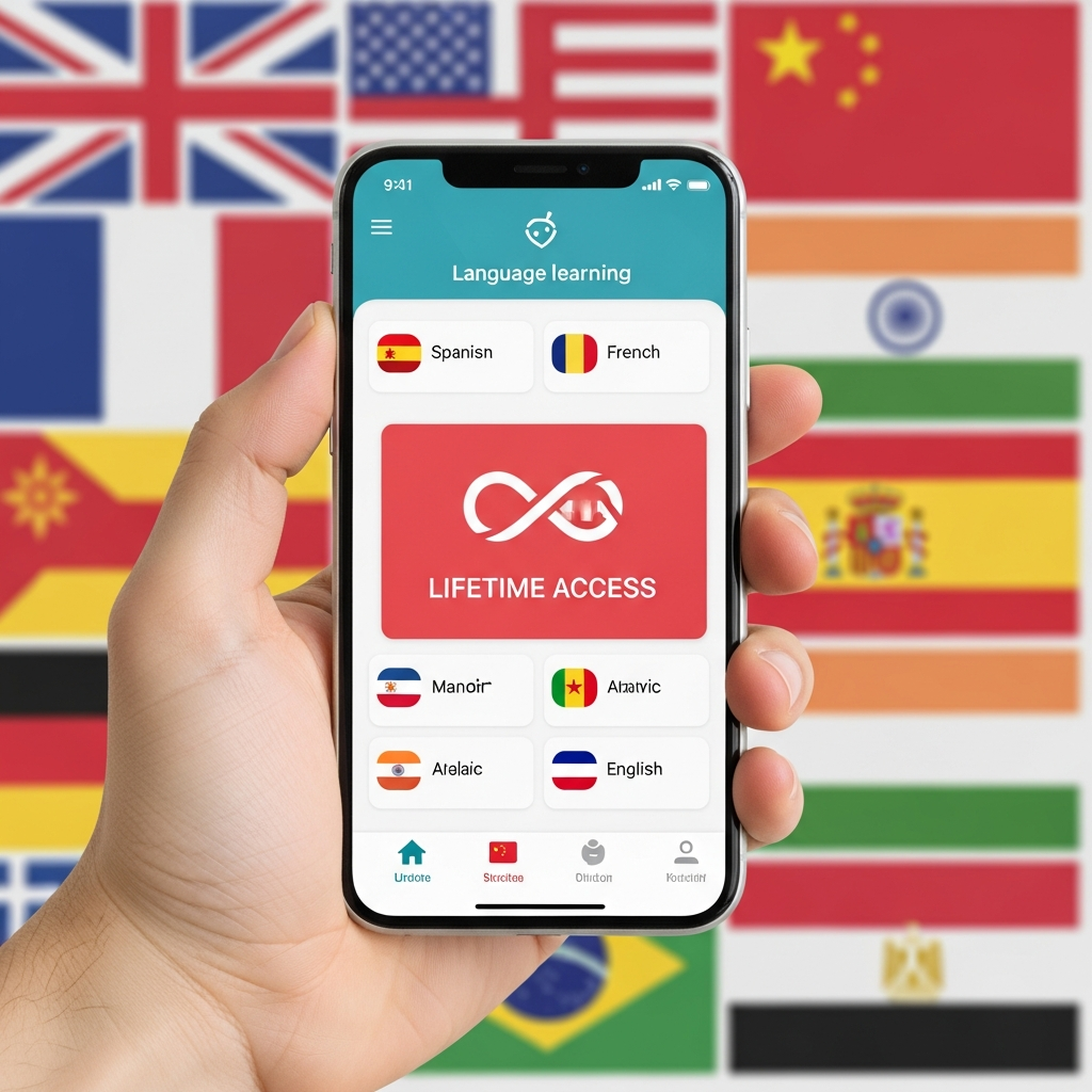 A close-up of a hand holding a smartphone showing a language learning app, with a subtle background of diverse national flags. The image conveys the idea of lifetime access and global languages. Style: clean infographic with a touch of lifestyle photography. No text.