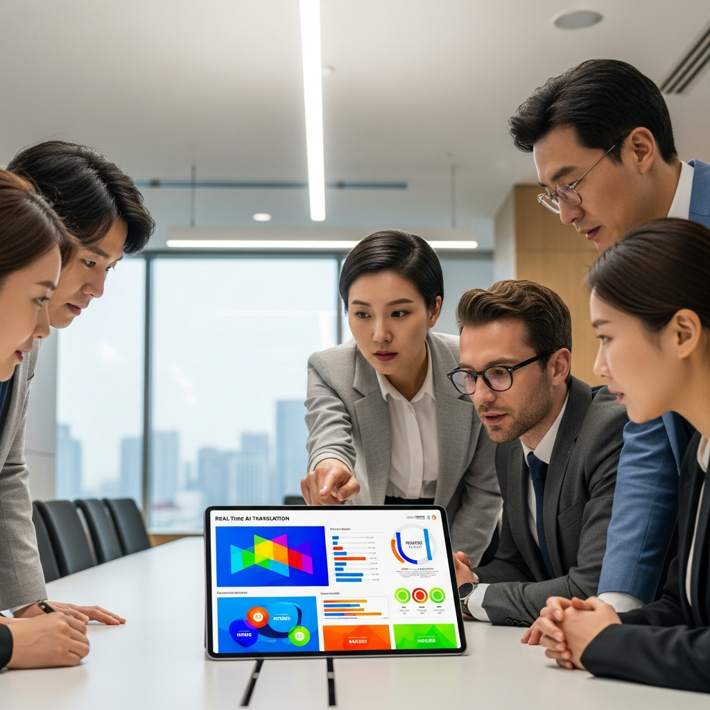 A diverse group of Korean business professionals in a modern conference room, looking at a tablet displaying real-time AI translation, clean infographic, modern layout, high contrast, colored background, no text