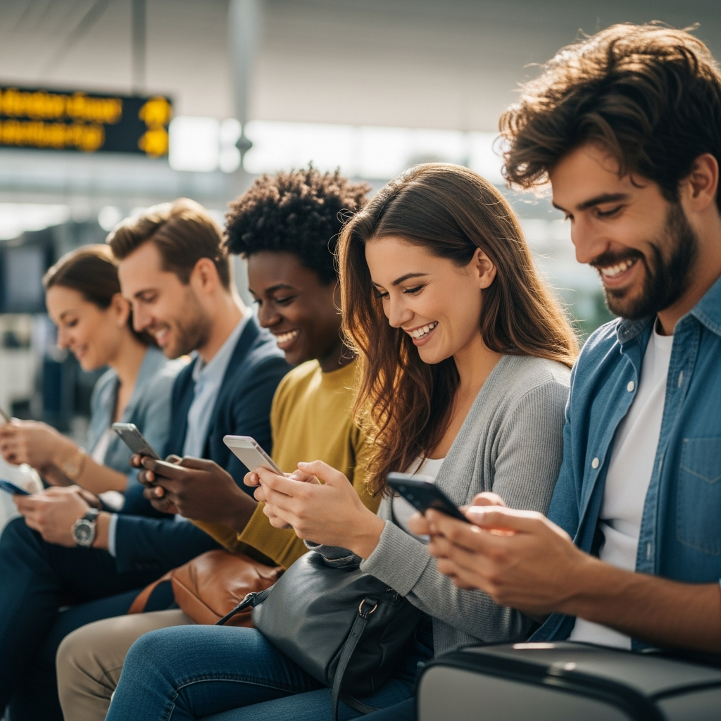 Lifestyle photography of travelers checking their smartphones after landing at an international airport, looking relieved and connected. Bright, natural lighting, blurred airport background, no visible text.