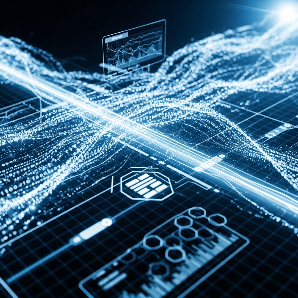 High-speed data transfer visualization with flowing digital streams, futuristic interface elements, blue and white color scheme, dynamic motion blur effects, technology-focused composition, no text visible