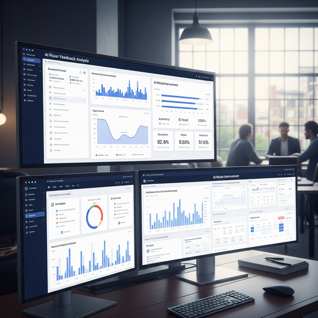 User feedback analysis dashboard with charts and graphs, AI improvement metrics, modern interface design, collaborative workspace atmosphere, clean professional style, no text