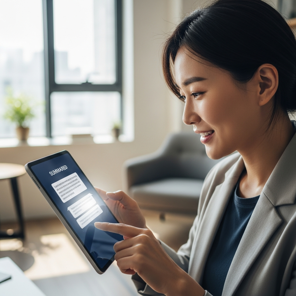 A Korean person interacting with a futuristic, clean-designed GenAI chatbot interface on a tablet. The screen displays summarized information with links. The background is a modern office or living room with natural light. Style: lifestyle photography. No text.