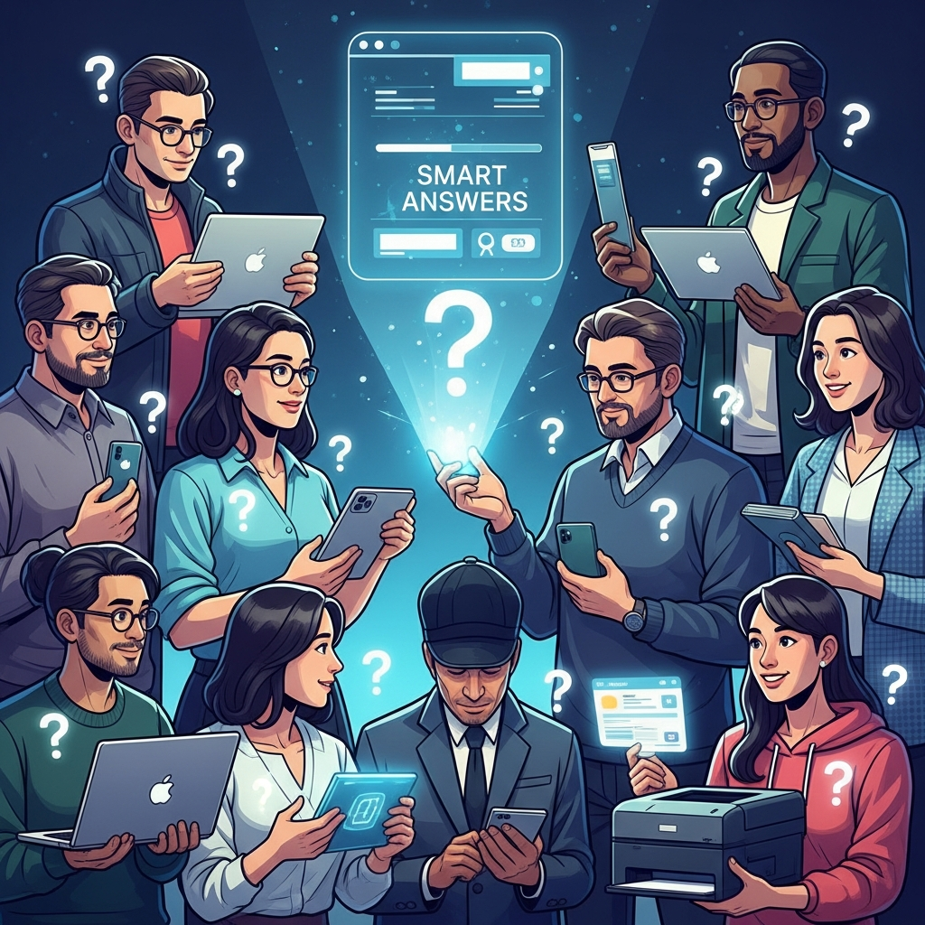 A diverse group of Korean people, each holding different Apple products (MacBook, iPhone, Apple Watch) or general tech items (printer), asking questions to a glowing, central Smart Answers interface (represented abstractly as a light source or digital portal). The atmosphere is collaborative and innovative. Style: futuristic illustration with vibrant colors. No text.