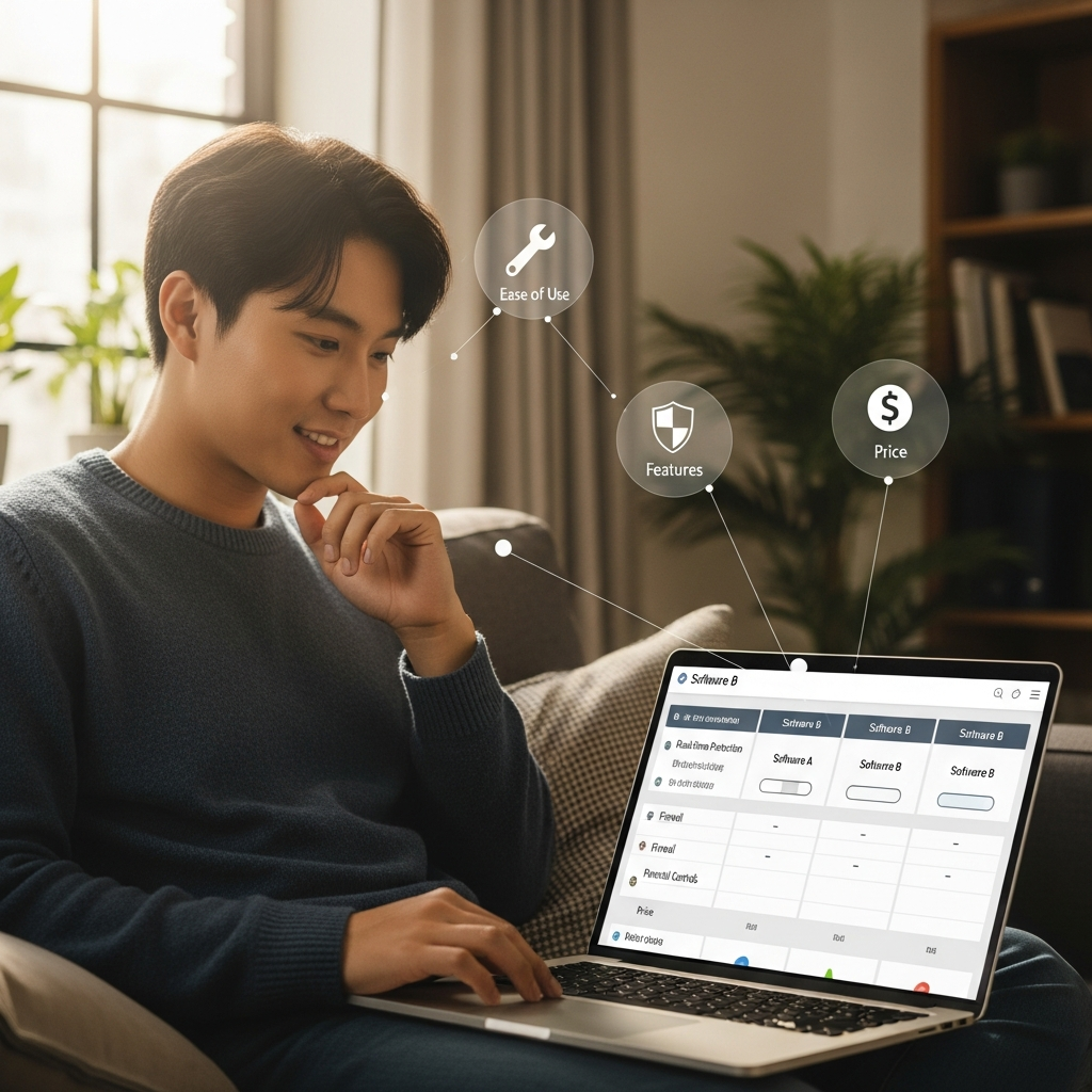 A Korean user, sitting comfortably with a MacBook, looking at a screen displaying various antivirus software options with comparative features. There are thought bubbles or subtle infographics indicating considerations like "ease of use," "features," and "price." Warm lighting, natural setting, lifestyle photography. No visible text in image.