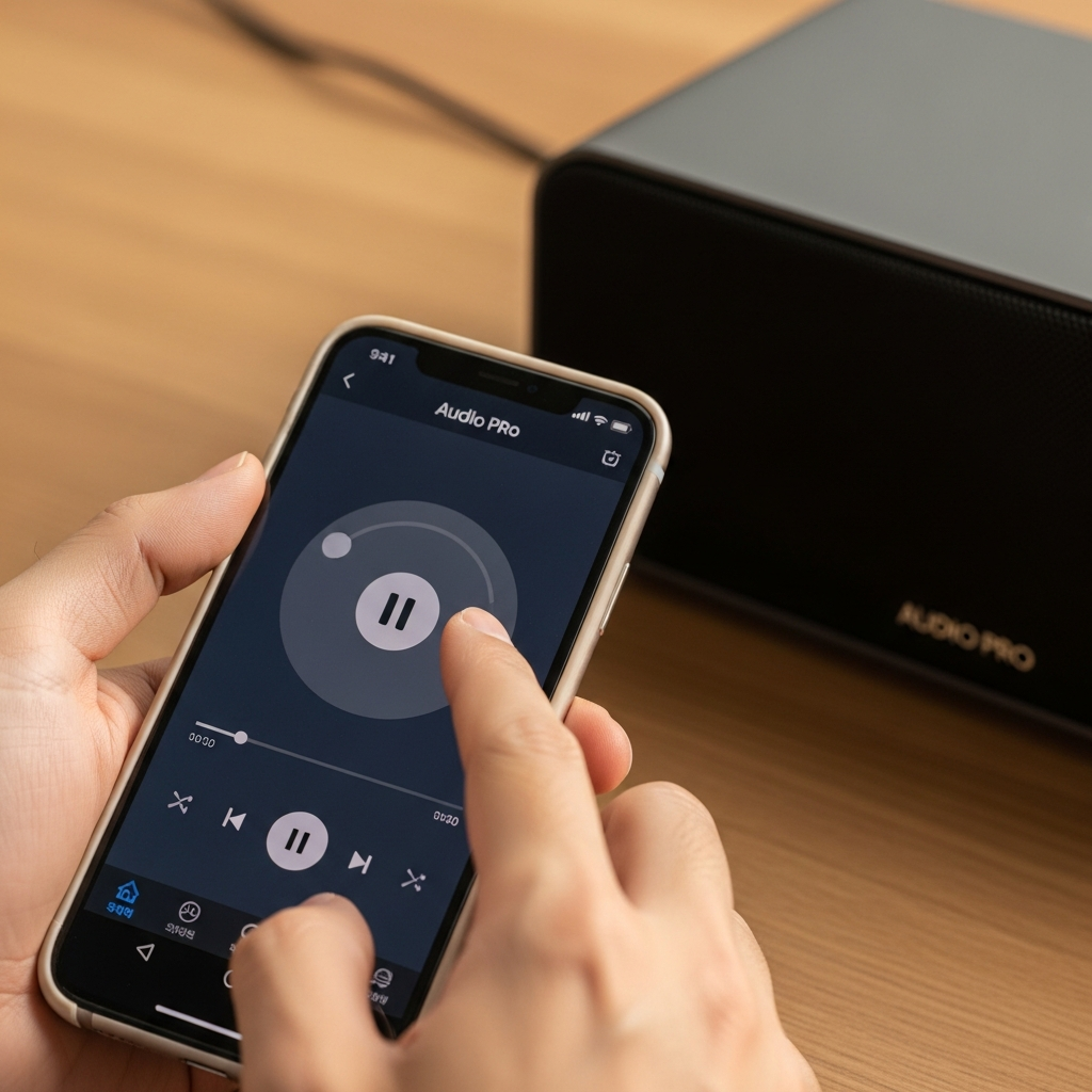 A close-up lifestyle photography of a Korean person's hand interacting with a smartphone displaying the Audio Pro app interface, controlling music playback on a nearby wireless speaker (Audio Pro C10 MKII W style). Focus on the app screen and the speaker in the background. Natural, warm lighting. textured background. Centered focus. No text. Bright, balanced lighting, natural setting, textured background, centered focus.