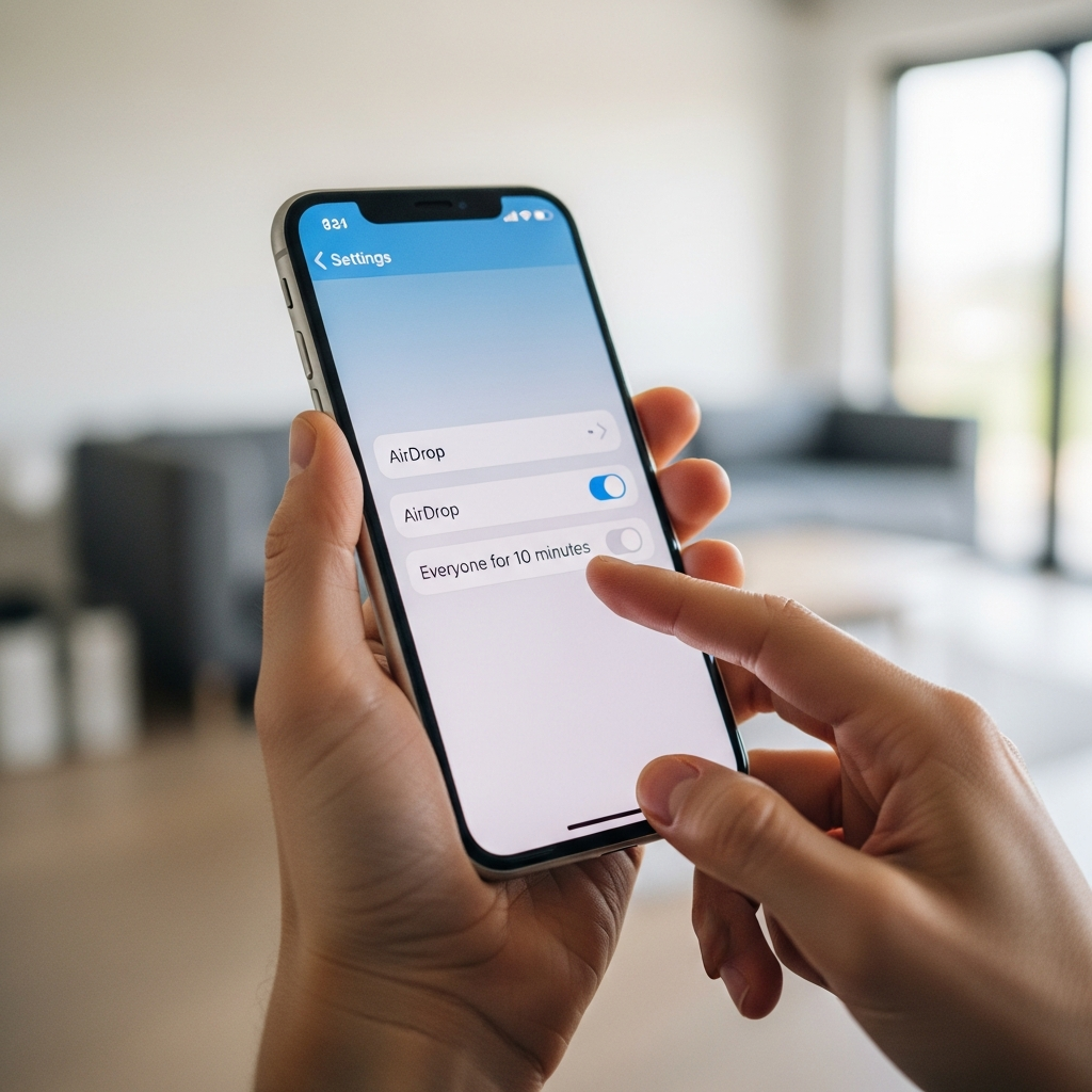 A close-up shot of a person's hand holding an iPhone, navigating through the Settings app to select 'Everyone for 10 minutes' under AirDrop options. The screen shows clear, English-only UI elements for AirDrop settings. The background is a softly blurred modern interior, indicating a common user scenario. Style: lifestyle photography, natural setting, bright, balanced lighting. No visible text in image, except minimal English UI.