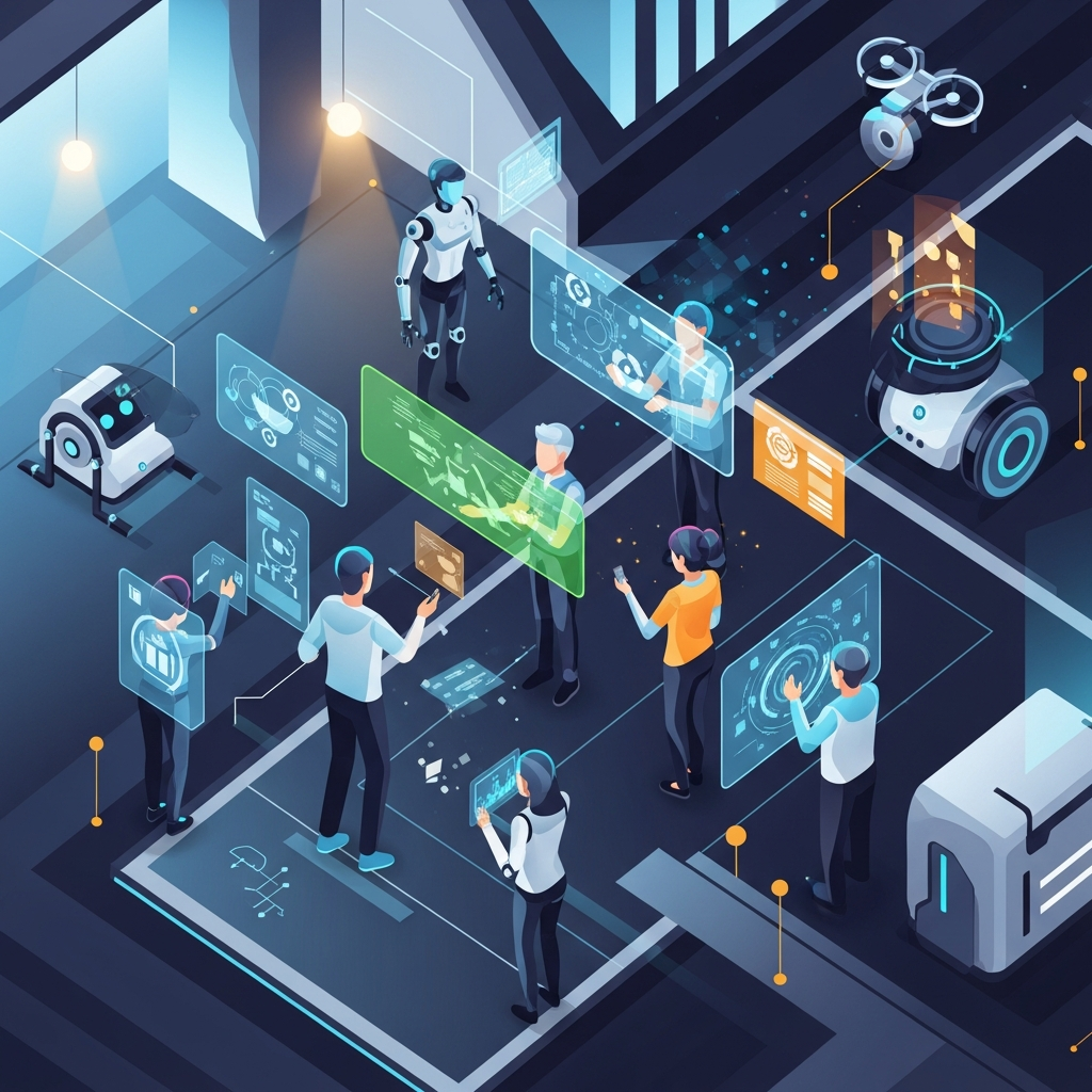 A vibrant illustration showing the integration of AI and human elements in a futuristic setting. Stylized human figures interact with glowing digital interfaces and subtle robotic forms, reflecting a collaborative yet complex future. Clean infographic style with a modern, dynamic layout. No text.