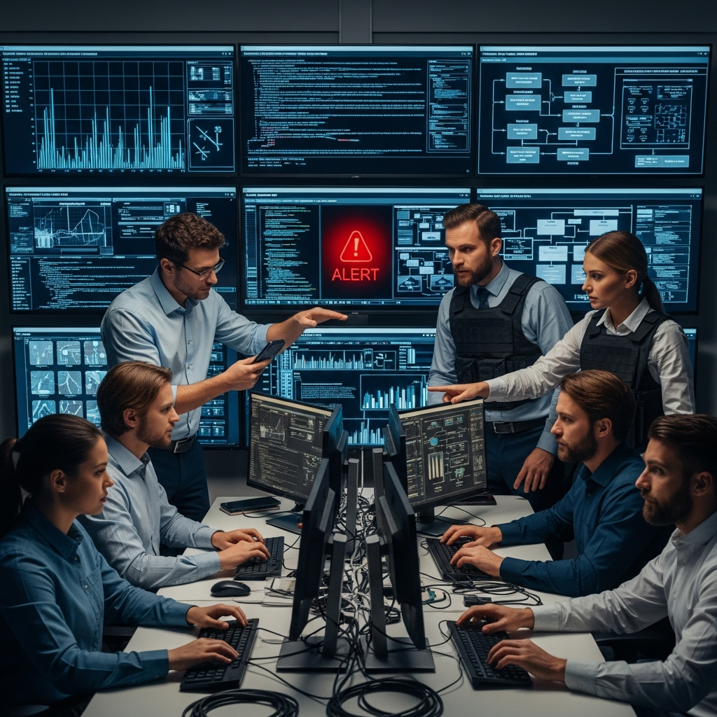 Emergency cybersecurity response team working in a crisis management center, multiple screens showing threat analysis, incident response protocols, and recovery procedures. Professional atmosphere with red alert indicators and focused team members, high-tech environment, no text.