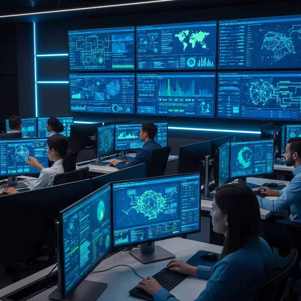 A modern cybersecurity operations center with multiple monitors displaying network security dashboards, threat detection systems, and data analytics. Professional cybersecurity analysts working at computer stations with blue and green interface colors, high-tech atmosphere, clean infographic style, no text.