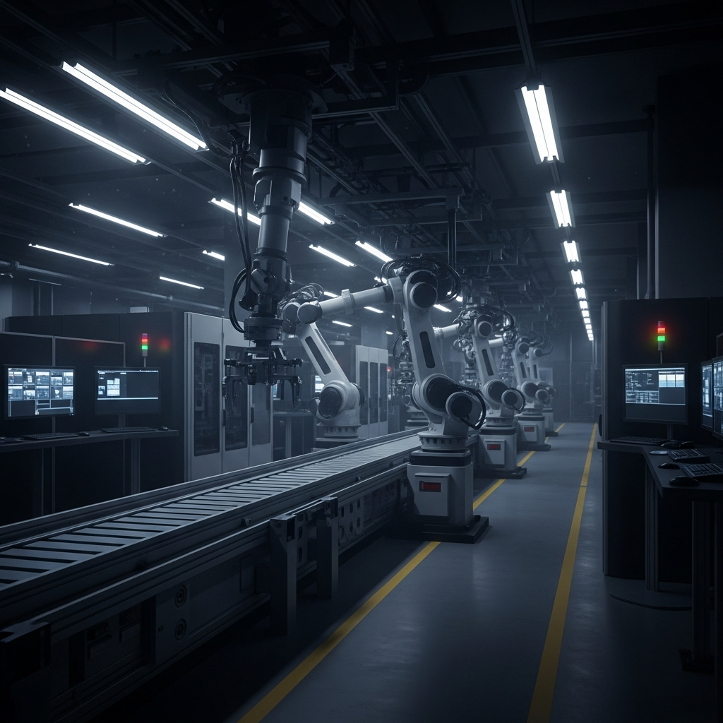 Modern automotive manufacturing plant with empty production lines and dark computer screens, showing the aftermath of a cyber attack. Industrial setting with robotic assembly lines stopped, dramatic lighting highlighting the silence and disruption. No text.