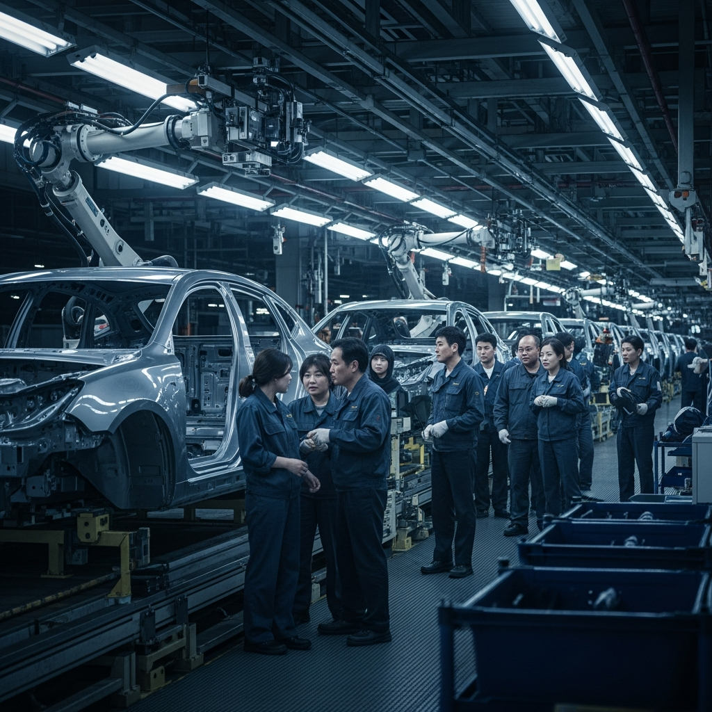 A realistic image of a modern car factory assembly line completely halted, with robots and half-finished car bodies standing still. Dim lighting with emergency lights casting long shadows. Korean workers looking concerned. Style: lifestyle photography. No text.