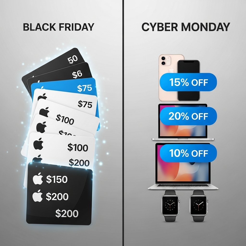 A visually engaging infographic comparing Black Friday and Cyber Monday deals for Apple products. Two distinct sections, one for Black Friday with gift cards and another for Cyber Monday with direct discounts. No text, clean infographic, modern layout, high contrast, textured background.