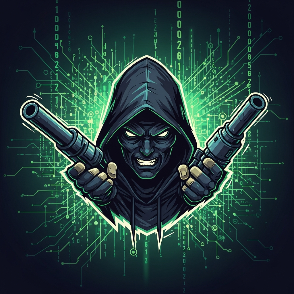 An impactful, dynamic illustration of a stylized figure resembling a "tank" or a hooded hacker, against a backdrop of glowing digital code and abstract network lines. The figure has a determined, slightly menacing expression. The background is a dark gradient with hints of green and blue, filled with abstract data streams. Focus on a centered composition with minimal empty space. Style: Clean infographic, modern layout, high contrast. No text.