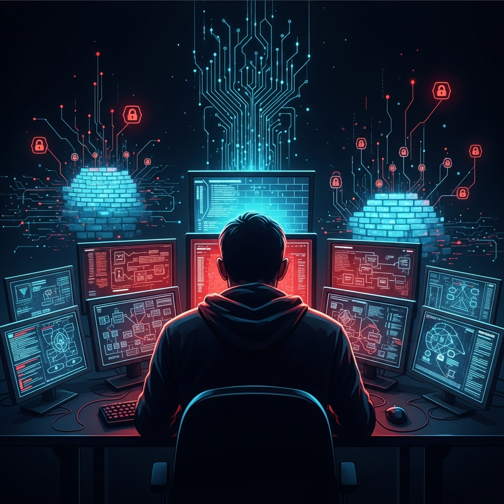 A dramatic, illustrative image of a 'red team' hacker figure (silhouette or obscured face for anonymity) in front of multiple glowing computer screens displaying code, with abstract cyber security elements in the background. Emphasize intensity and focus. No text.