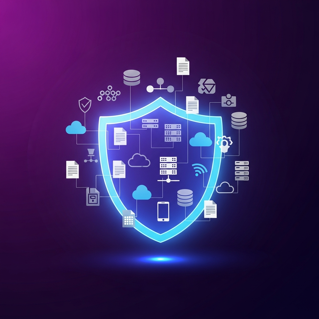 A stylized image of various data points and digital assets being protected by a glowing shield icon, illustrating cyber security and data protection. Clean infographic, modern layout, high contrast, on a deep purple gradient background, no text.