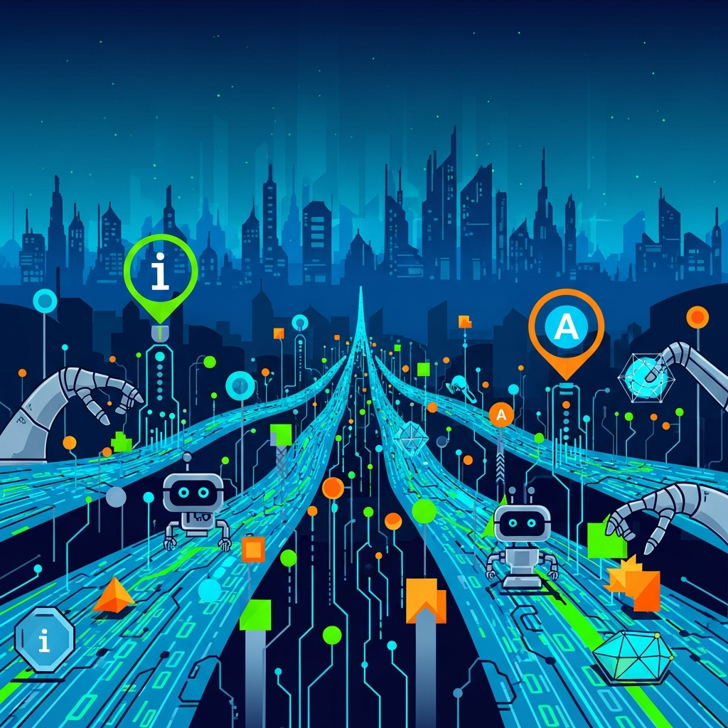 A digital landscape illustration with abstract data streams and robotic elements, symbolizing web scraping and AI's influence. Modern, high-contrast, clean infographic style. No text.
